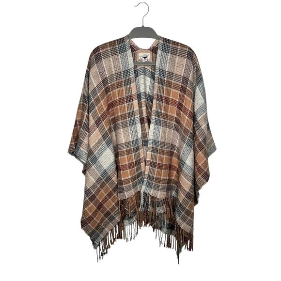Universal Thread Womens OSFM Plaid Fringe Poncho Wrap‎ Orange Brown Cream Boho - Picture 2 of 9